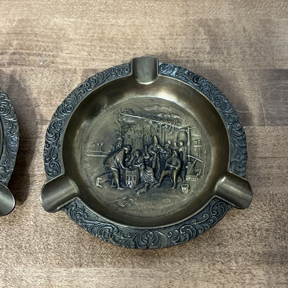 Vintage Lot Of 2 Brass Cigar Ashtray‎ Ornate Grape Wine Celebration Scene